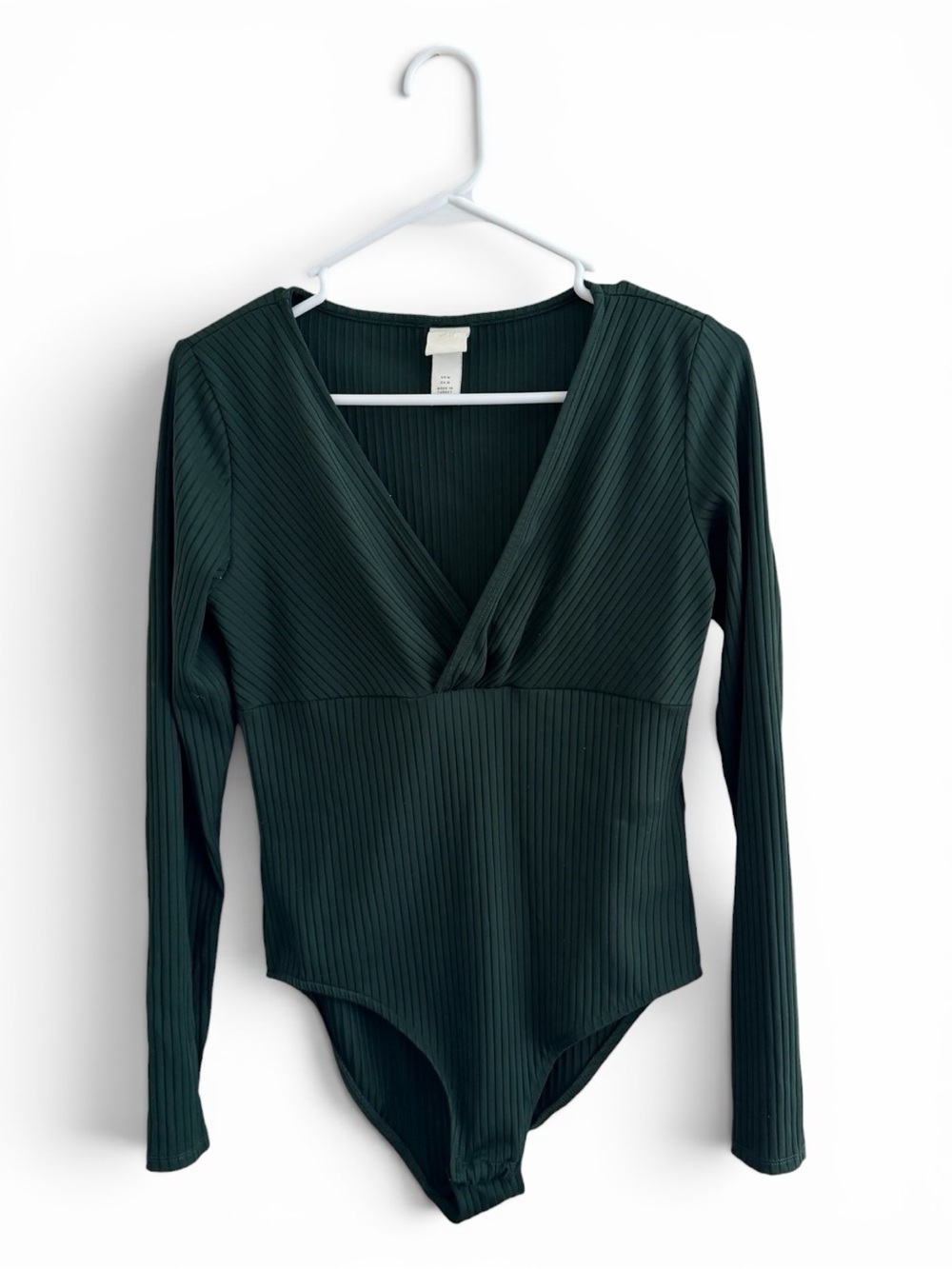 H&M Dark Green Ribbed V-Neck Long Sleeve Bodysuit